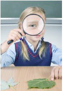 Student holding large magnifying glass in front of face, making his eye appear as large as his head
